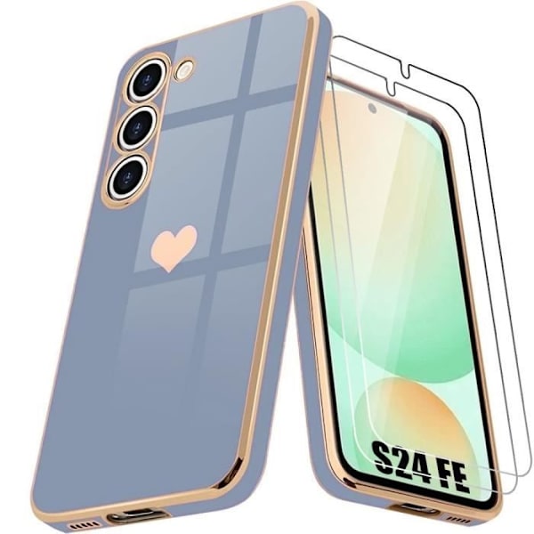 Fodral till Samsung Galaxy S24 FE (ej för S24) - Stötsäker i blå flytande silikon, lyxigt hjärta + 2 härdade glasögon