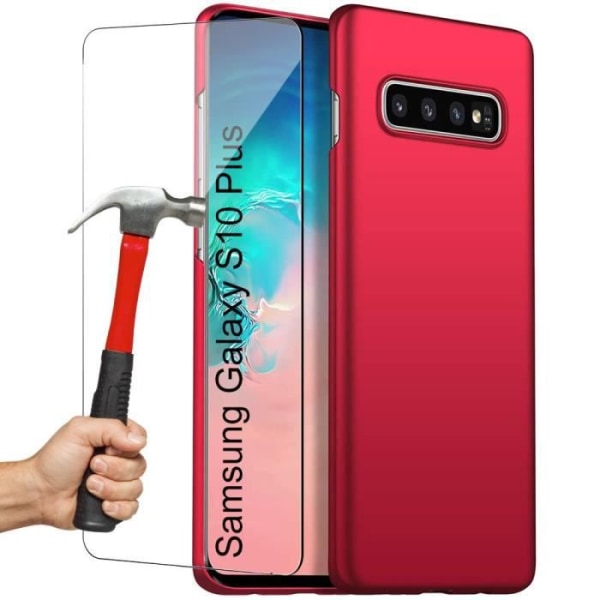 Samsung S10 Plus (6,4") etui Pakke med 2 hærdede briller Simple Anti-Shock Silikonebeskyttelse Rød Röd