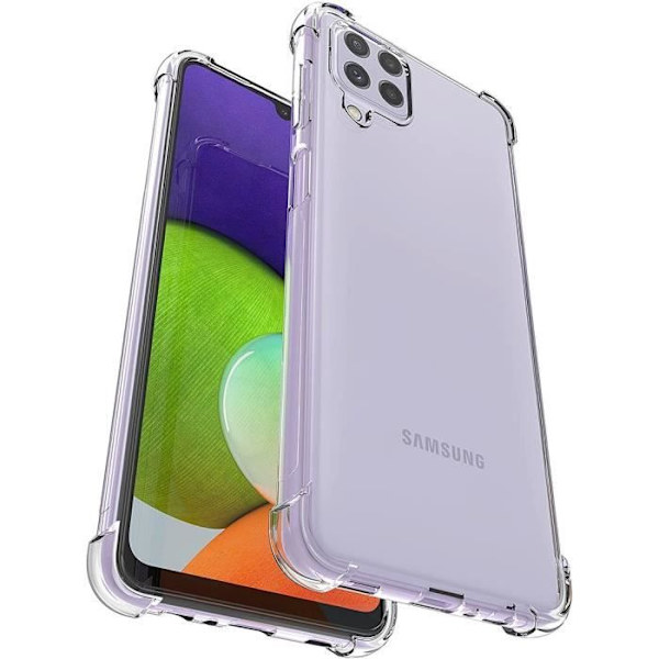 Fodralpaket för Samsung A22 4G (6,4") och 2 härdade glasögon. Fodralpaket 4 hörn förstärkt silikon med hög motståndskraft Transparent