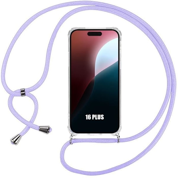 Fodral till iPhone 16 Plus - Transparent förstärkt stötsäker med lila axelrem