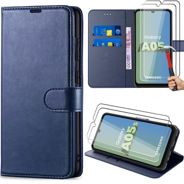 Coque + 2 Glass Trötta - Samsung - Galaxy A05s - PU Läder Skydd - Kortfack - Mörkblå marinblå