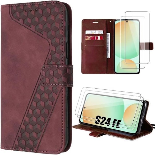 Fodral för Samsung Galaxy S24 FE (ej för S24) med 2 härdat glas, PU-läder med korthållare - Röd