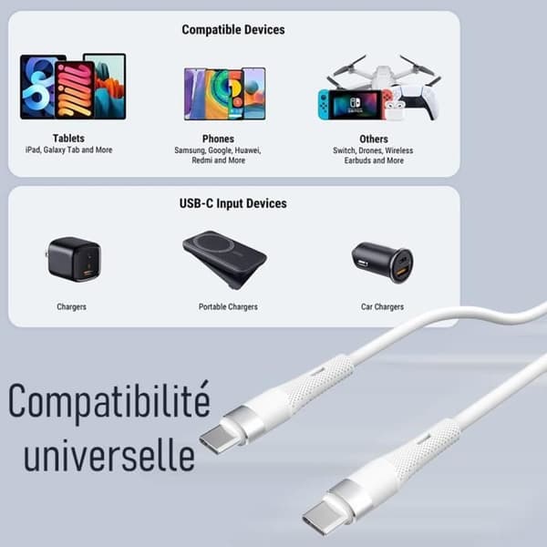 Kabel 60W USB-C för iPhone 16 Pro Max, iPhone 16 Pro, iPhone 16e, iPhone 15 Plus - 1 Meter Vit Vit