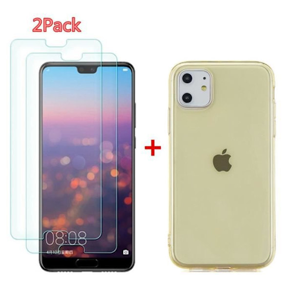 Mjukt flexibelt fodral för Apple iPhone 11 Pro (5,8"), genomskinligt fodral 2 STK härdat glasfilm + 1 ST TPU Silikon Slim Cover Gul