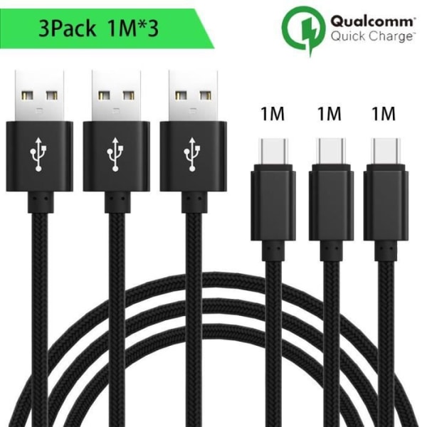 Set med 3 USB Type C-kablar, 1M - svart nylon
