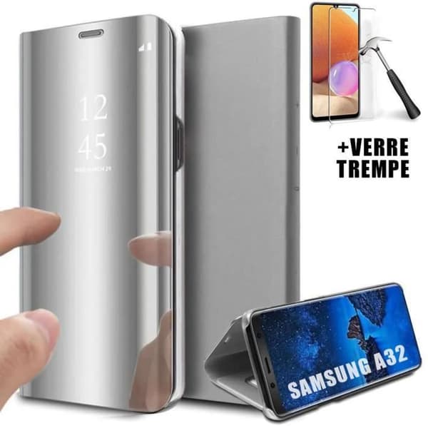 Coque för Samsung A32 5G - Smart Case - Silver - Spegel Effekt - Härdat Glas - Elegant Silver