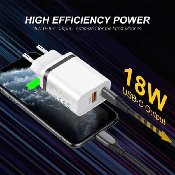 Snabb Laddare 2-Port - E.F.Connection - PD + QC 3.0 - USB-C Kabel 1M - Kompatibel med Redmi 13C/14C/Note 13/Pro 5G/14 5G Svart
