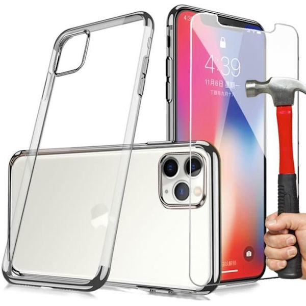 Skyddsfodral för iPhone 12 Pro - PROSHOP - Mjuk - Silverkrom designkant - Set med 2 härdade glasögon Silver