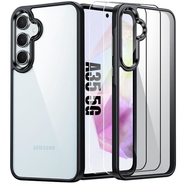 Fodral till Samsung Galaxy A35 5G - Stötsäker Transparent med svart silikonkant + 2 härdade glasögon