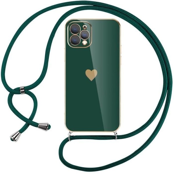 Mobilfodral med kedja för iPhone 12 Pro (6.1") Midnattsgrön Stötsäker, mjukt galvaniserat guld lyxigt TPU-hjärtmönster
