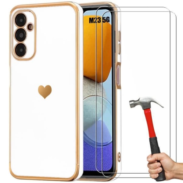 TPU-fodral för Samsung Galaxy M23 5G White Heart Pattern + 2 härdat glas stötsäkert skydd