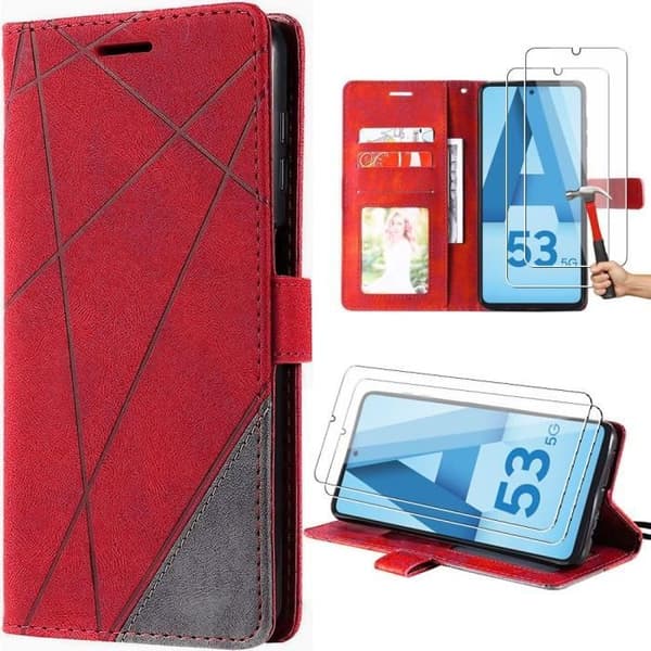 Skydd för Samsung Galaxy A53 5G - Retro PU-läder - 2 Härdat glas - Justerbart stativ Röd