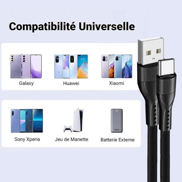 USB-C-kabel - BOOLING - 1M - Flätad Nylon - 3A - Kompatibel med Xiaomi Redmi 14C/13C/Note 13 5G/Redmi Note 14 5G Svart