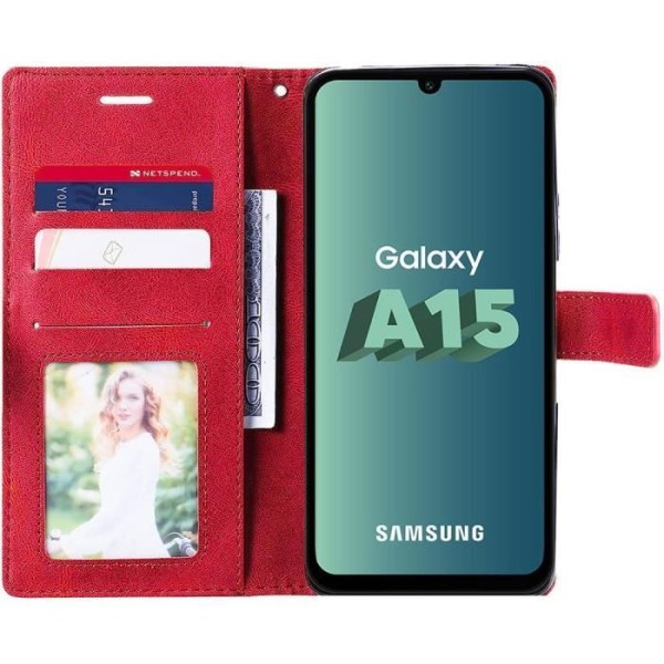 Skydd för Samsung Galaxy A15 4G-5G - Stöttålig - 2 Härdat Glas - Kortfack - Justerbart Stativ - Röd Röd