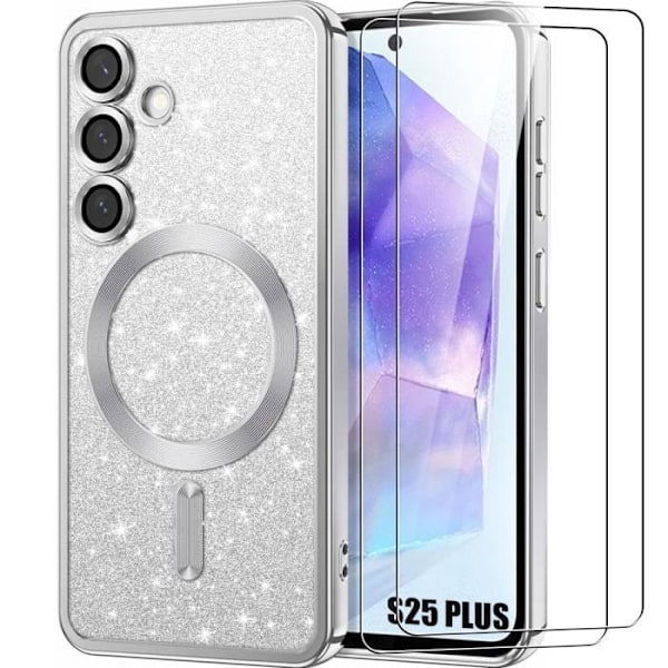 Coque + 2 Glasfiler för Samsung Galaxy S25 Plus (S25+), Magnetisk Kameraskydd - Silver Glittrande