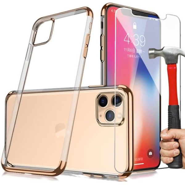 Fodral för iPhone 12 Pro (6,1") + 2 härdade glasögon Stötsäker, högt motstånd, mjukt guld gyllene