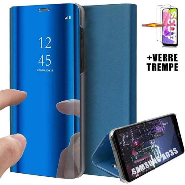 Fodral för Samsung A03S (6,5") + Set med 2 härdade glasögon. Trendig designfodral Spegeleffekt Anti-chock förstärkt skydd Blå Blå