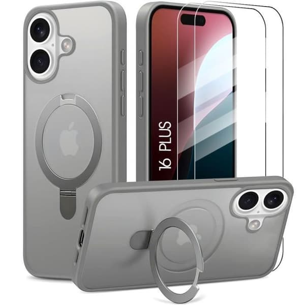 Skyddsskal - BOOLING - för iPhone 16 Plus - Förstärkt stötmotstånd - Rotatable magnetiskt stöd - Grå Grå