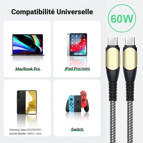 Set med 2 USB-C till USB-C 60W snabbladdningskablar för OPPO - E.F.CONNECTION - Gråförstärkt nylon 1M Grå