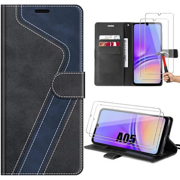 Fodral + 2 härdade glasögon för Samsung Galaxy A05, vikbart skydd i svart syntetiskt läder och TPU med stöd (ej för A05s) Svart, Marinblå