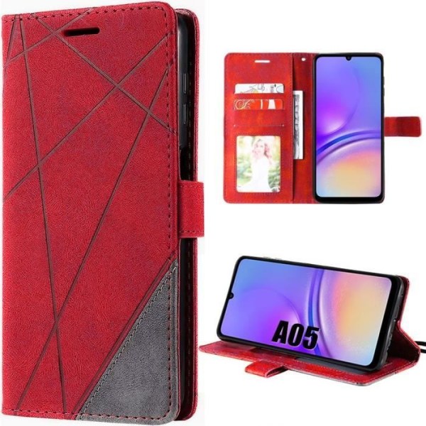 Fodral för Samsung Galaxy A05, rött, stötsäkert skydd med justerbar Kickstand Retro Lädereffekt (ej för Galaxy A05s)