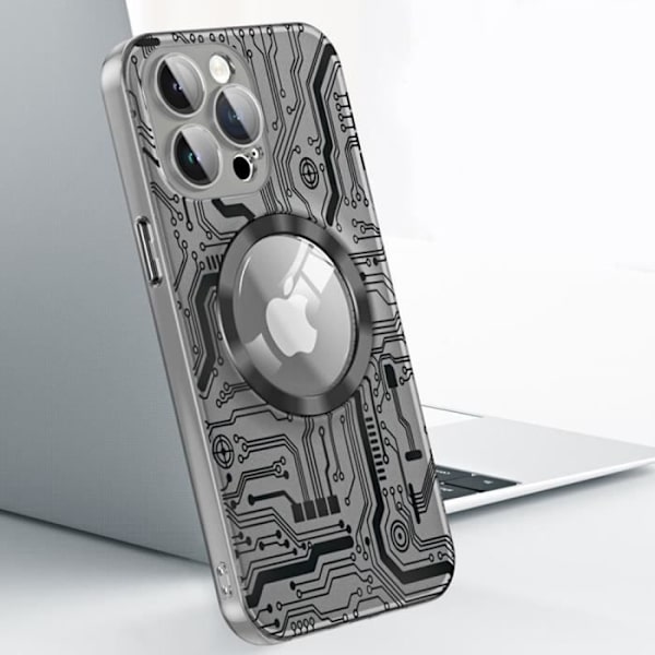 Fodral till iPhone 15 Plus - Genomskinlig stötsäker med magnetisk cirkel och bakre kameraskydd - Svart kretsmönstertryck