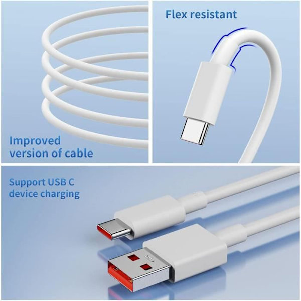 2 USB-C Snabbladdningskablar 6A för Xiaomi Redmi Note 13/14 Pro Note 13 5G Redmi 13C - 1M Vit