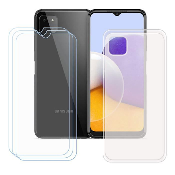 Fodral och Skärmskydd - FZ - Samsung Galaxy A22 5G - Genomskinlig - TPU Silikon - 3 Härdade Glas Genomskinlig