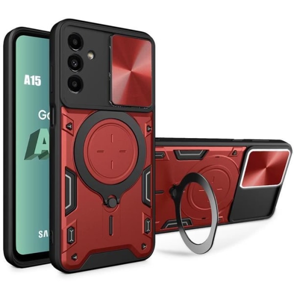 Fodral till Samsung Galaxy A15 4G-5G, rött, stötsäkert med skjutbart kameraskydd och roterande stativ