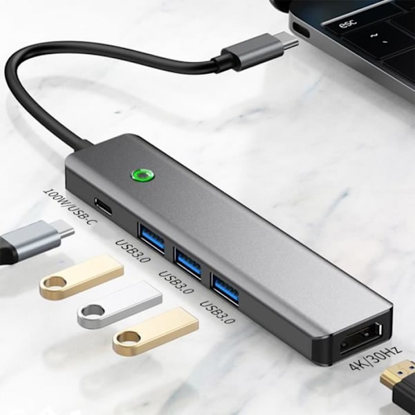 4K USB-C till HDMI-adapter med USB 3.0-port, 100W PD, LED-knappindikator, 6 i 1 Adapter Hub för MacBook Air-Pro iMac