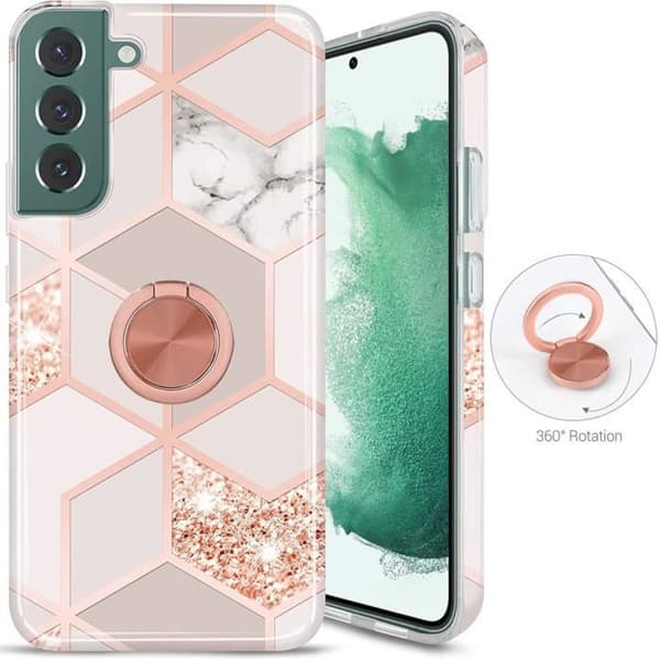 Coque - BOOLING - för Samsung Galaxy S22 - Rosamarmor - Stötresistent - 360° Stödring Rosa