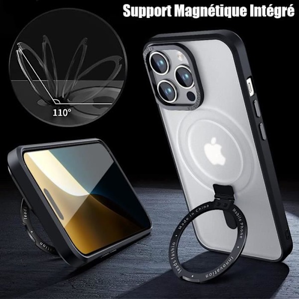 Cover til iPhone 16 Pro Max, hård stødsikker beskyttelse med roterende magnetisk ringholder - sort