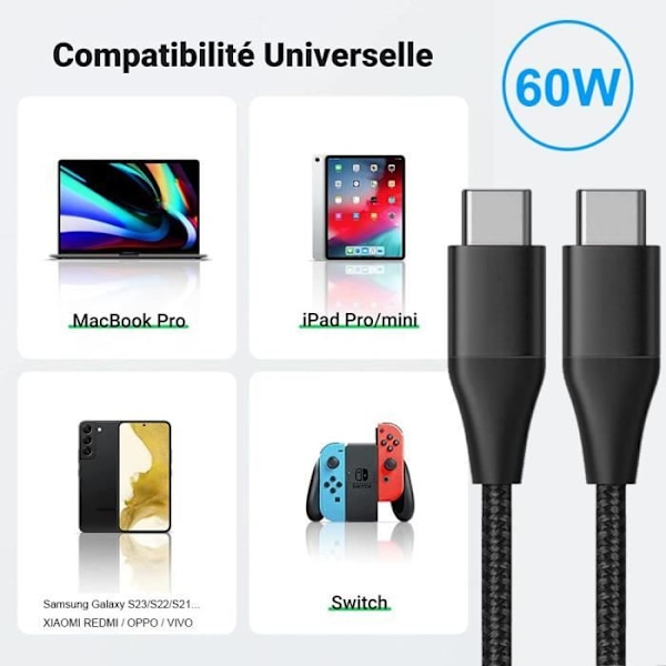 2 USB-C til USB-C-kabel til Xiaomi Redmi 13C, Redmi Note 13 4G-5G, Note 13 Pro 4G-5G, Note 13 Pro+ 5G - Nylon 1 Meter Sort