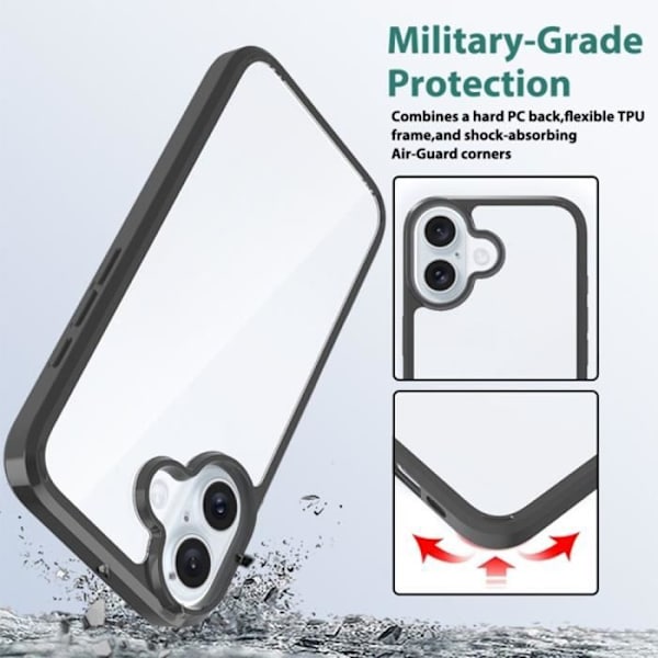 Fodral och 2 härdade glasögon för iPhone 16 Plus - Stötsäkert skydd Transparent hård rygg + svart TPU-kant