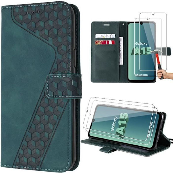 Skyddande skal - Samsung - Galaxy A15 5G - PU-läder Grön - Justerbart stöd - 2 Härdade glas Nattgrönt