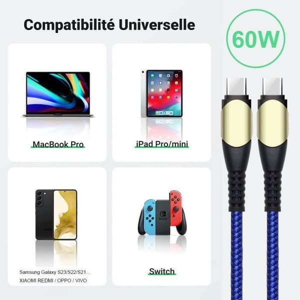 Snabb laddning USB-C till USB-C-kabel 60W för iPhone 16 16e, iPhone 16 Plus, iPhone 15 Pro, iPhone 15 Pro Max - Flätad Nylon 1M Blå Blå