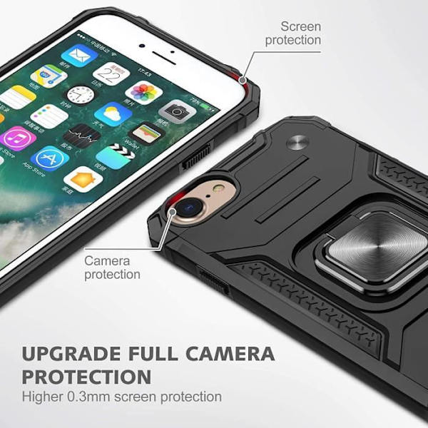 Fodral för iPhone 8/7, stötsäkert skyddsfodral av militärklass, fodral med 360 graders roterande metallring svart