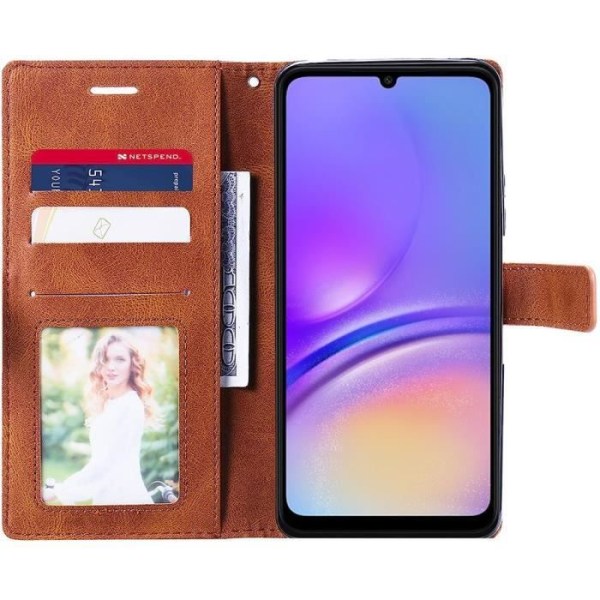 Fodral till Samsung Galaxy A05 - Brunt syntetiskt läder Linjär design + 2 härdade glasögon kastanj