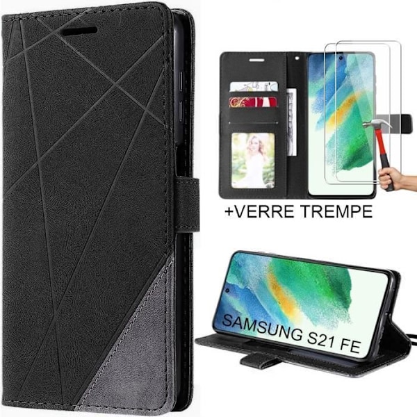 Skyddshölje - BOOLING - Samsung Galaxy S21 FE - Svart Lädeffekt - 2 Härdade Glas - Inbyggd Ställning Svart