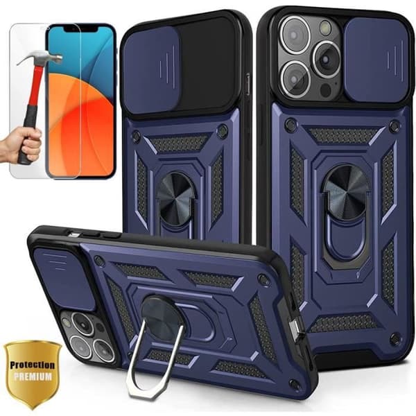 Skyddsskal - Oförstörbart - för iPhone 13 Pro Max - Mörkblå - Flexibelt ställ - 2 Härdade glas Blå