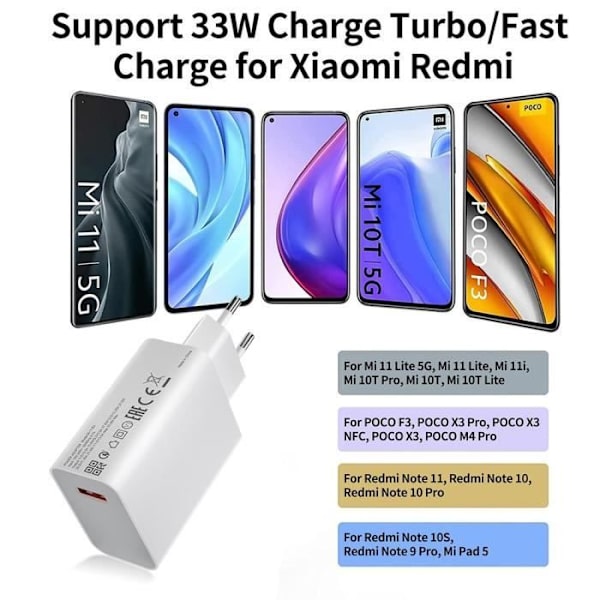 USB-laddare 33W - E.F.CONNECTION - för Xiaomi Redmi Note 14 13 12 - Snabb laddning - Optimal skydd - USB-A Vit