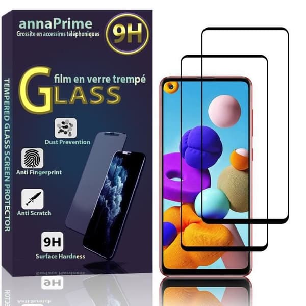 Skyddsskärm - VCOMP - Samsung Galaxy A21S - Härdat glas - Pack om 2 - Svart SVART