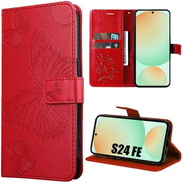 Coque - Samsung - Galaxy S24 FE - Röd Syntetiskt Läder - Fjärilsmönster - Elegant Röd