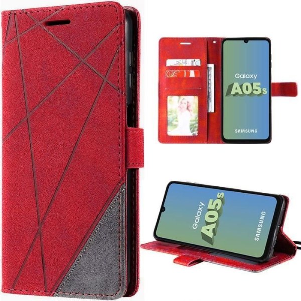 Fodral för Samsung Galaxy A05s -Röd- Linjär design PU-läder med korthållare, stötsäkert skydd (ej för Galaxy A05)