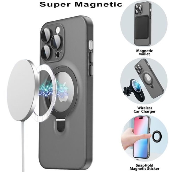 Fodral för iPhone 15 Plus, stötsäkert hårt med justerbar magnetisk ringhållare och kameraskydd - genomskinlig svart