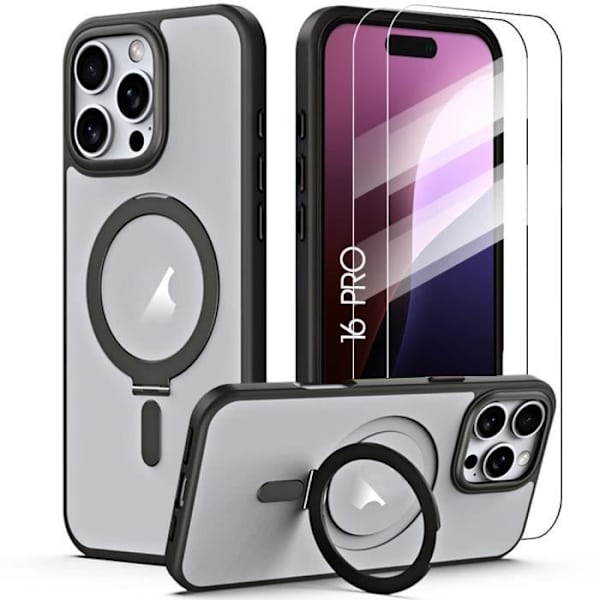 Skyddsskal - Svart - iPhone 16 Pro - Förstärkt stötabsorbering - Rotationsbart magnetiskt stativ - 2 härdade glas Svart