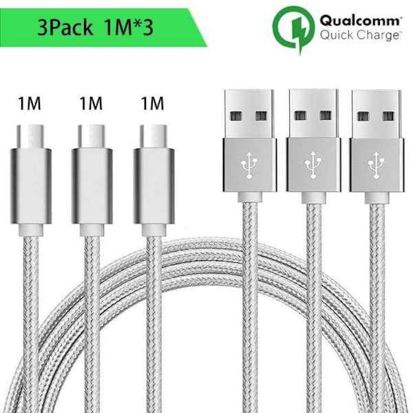Micro USB-kabel - Ej specificerad - 3-pack - 1M - Silver Nylon - Kompatibel med Android