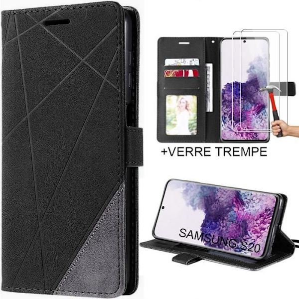 Samsung Galaxy S20 Fodral med 2 härdade glasögon - Helkropp Stötsäkert PU-läder Svart