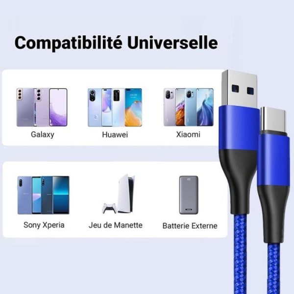 3x USB-C nylon hurtigopladningskabel til Xiaomi Redmi 13C, Redmi Note 13 4G-5G, Redmi Note 13 Pro 4G-5G, Note 13 Pro+ 5G - Blå 1M Blå