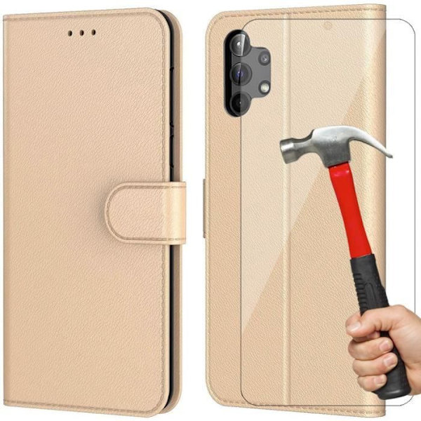 Coque och Härdade Glas - Samsung - A32 5G - Guld - Läderlook - 360° Skydd gyllene